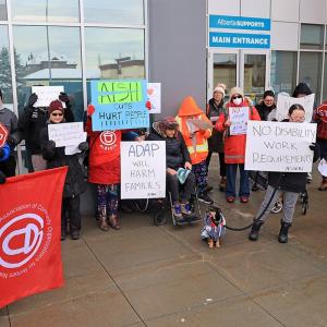 A 'punishment': Calgarians protest as province prepares to move AISH recipients to new disability benefits program